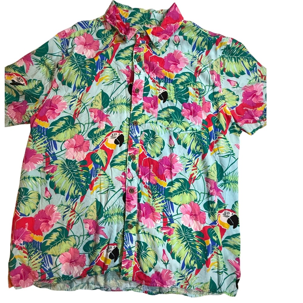 Margaritaville Mens Large Parrot Hibiscus Tropical Floral Button Down Shirt Blue